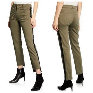 Frame Denim Le High Straight Raw Stagger Hem Army Green Tuxedo Stripe Jeans 26